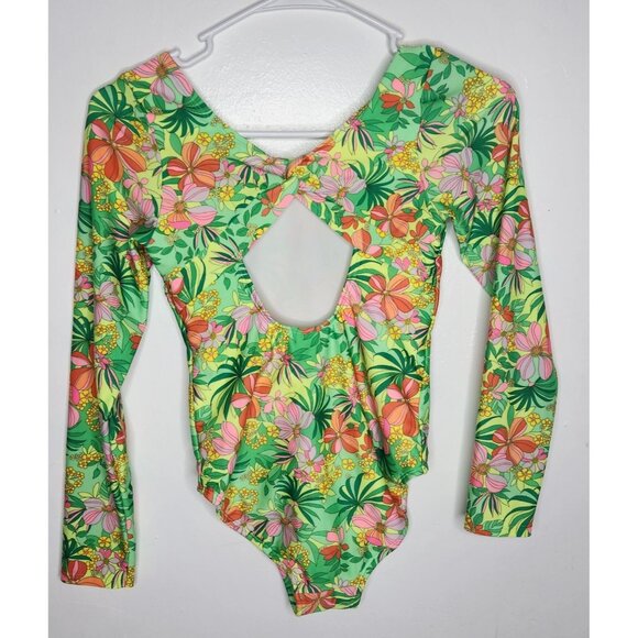 Art Class Swimsuit Girls Large 10/12 Green Floral Long Sleeve Cutout Back UPF50 - Picture 5 of 6
